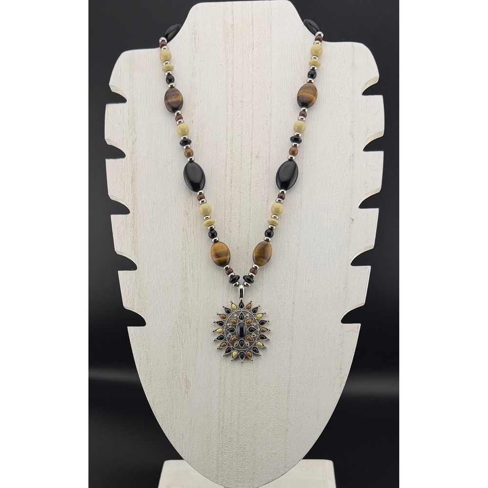 Chaps Necklace Brown Black Beaded Sunburst Pendant Tigers Eye Style Boho Western